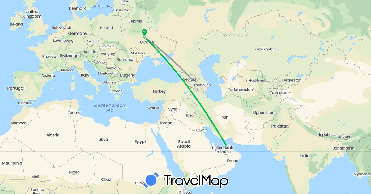 TravelMap itinerary: driving, bus, plane in United Arab Emirates, Georgia, Ukraine (Asia, Europe)